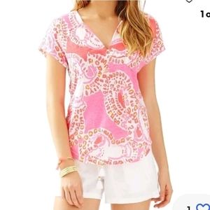 Lilly Pulitzer Duval Linen‎ Top Small Coral Elephant Breathable Lightweight M